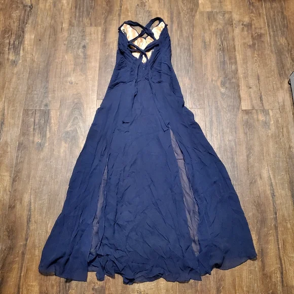 BCBGMAXAZRIA 6 Dress Maxi Navy Silk Chiffon Gown Crisscross Back Slits P… - Picture 5 of 7